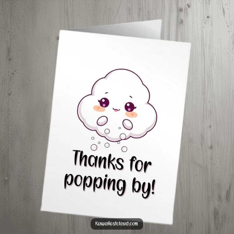 Funny Free Printable Thank You Card: Beaming Cloud Character Blowing Tiny, Glossy Bubbles with a Smile.