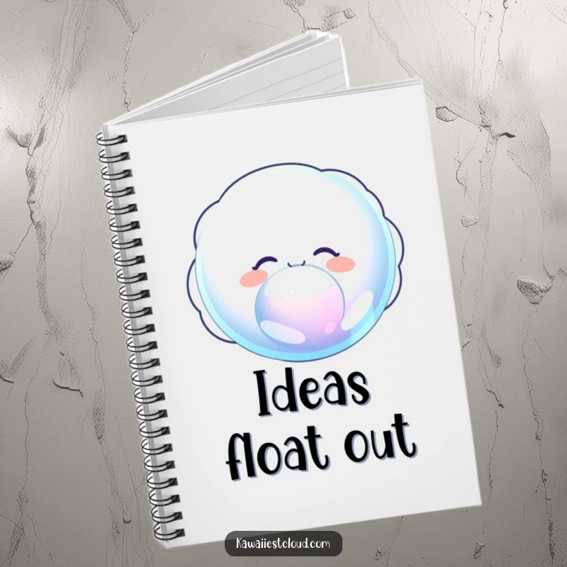 Funny notebook with a delighted cloud character joyfully blowing a giant, iridescent bubble, perfect for note-taking.