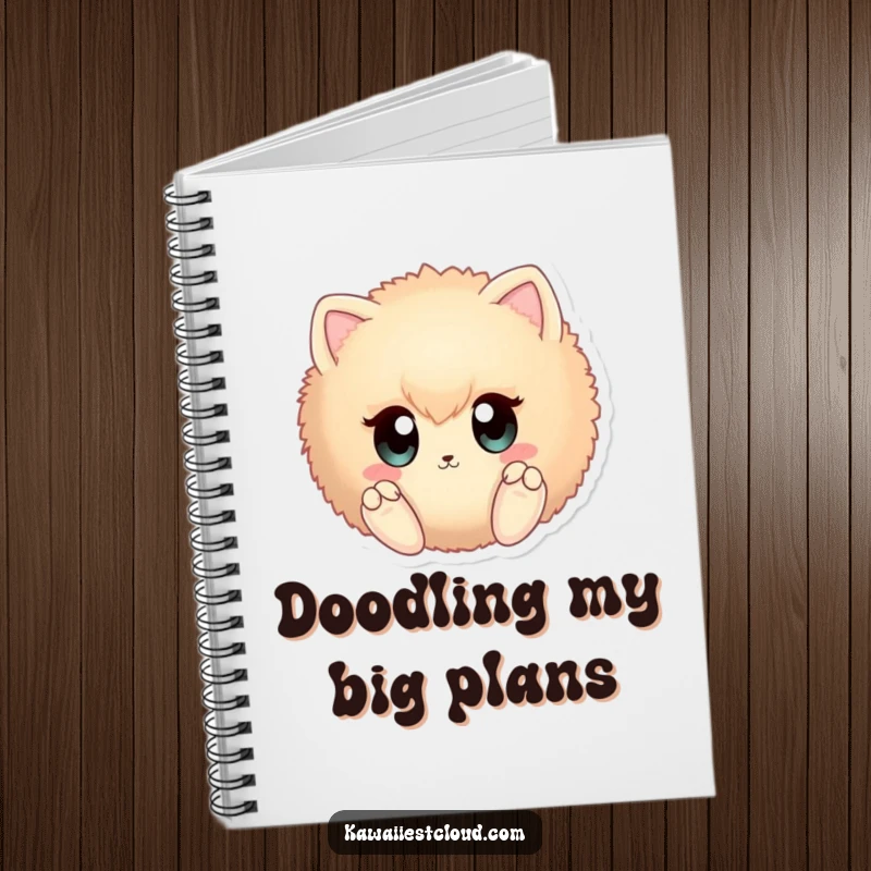 Funny fuzzy sphere notebook with large curious eyes and tiny paws, perfect for humorous journaling.