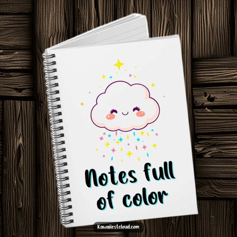 Funny joyful cloud character showering sparkly rain on a notebook cover, for capturing colorful ideas.