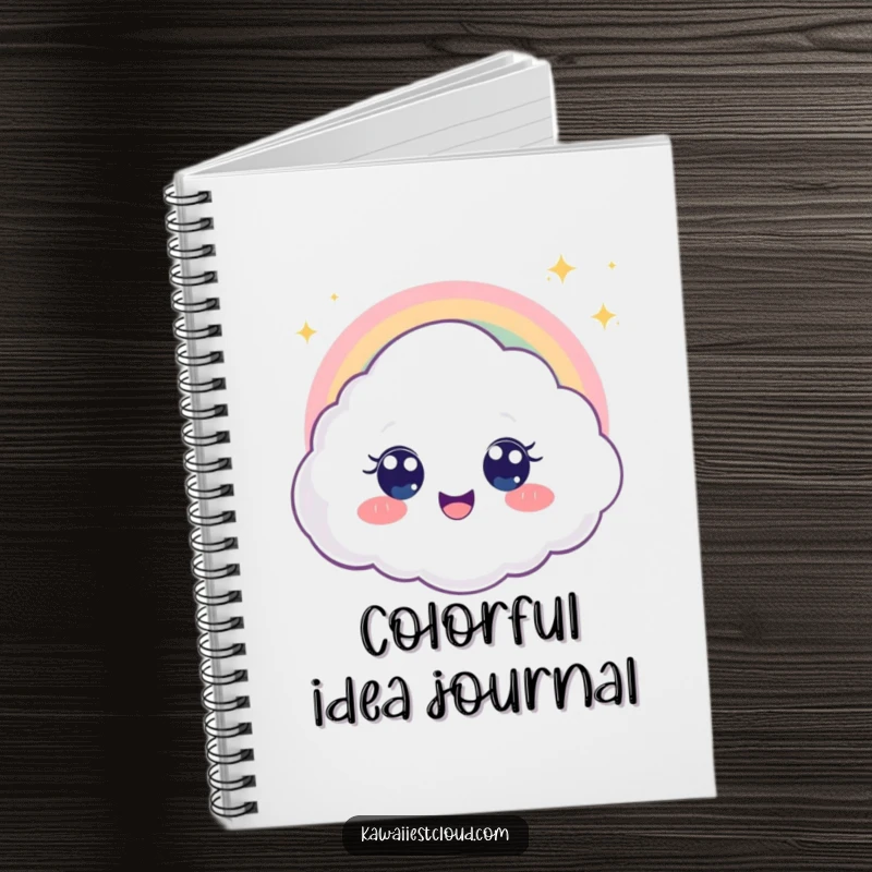 Funny notebook with a delighted cloud character, big eyes wide at a rainbow, ideal for writing, sketching, and capturing wonder.