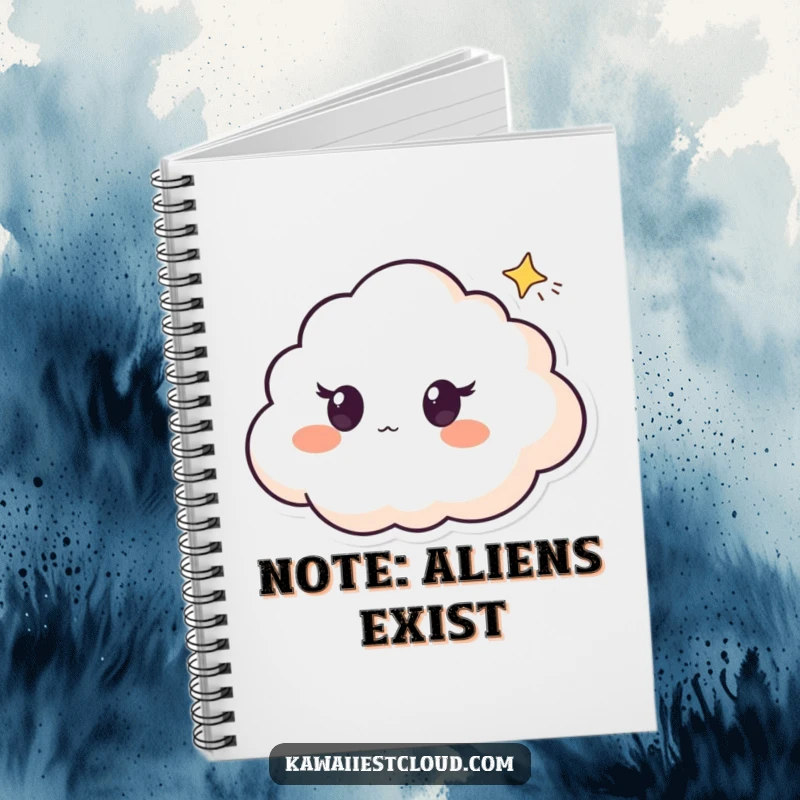 Funny notebook featuring a cloud character with surprised eyes, watching a tiny shooting star, inspiring wonder and creativity.