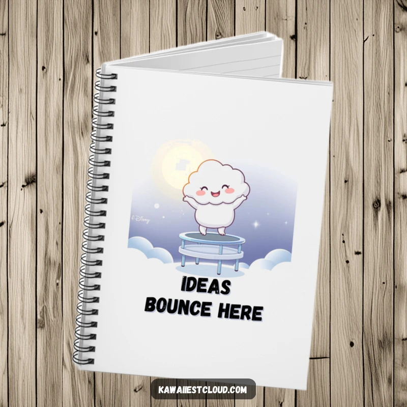 Funny Notebook: A cheerful cloud character leaping high on a trampoline made of glowing moonlight.