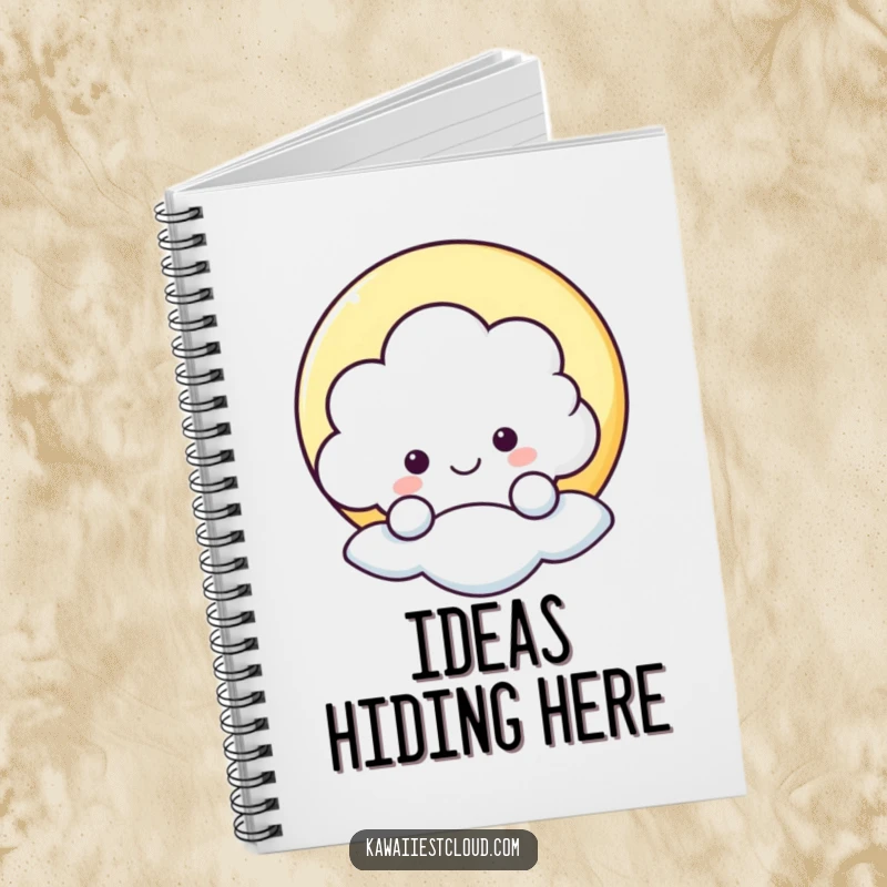 Funny notebook with a cheerful cloud character peeking from behind a star, ideal for jotting down ideas with humor.