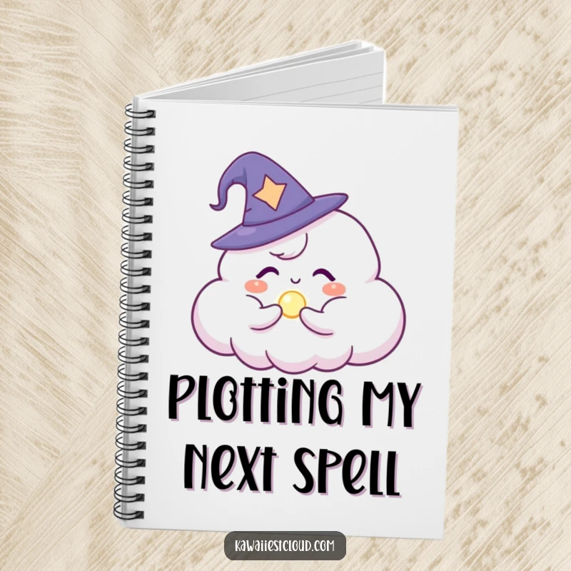Funny Notebook: A cloud character in a small wizard hat, conjuring a bright, magical orb of light.