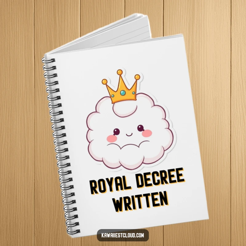 Funny notebook cover featuring a happy cartoon cloud wearing a fluffy crown, perfect for encouraging regal thoughts.