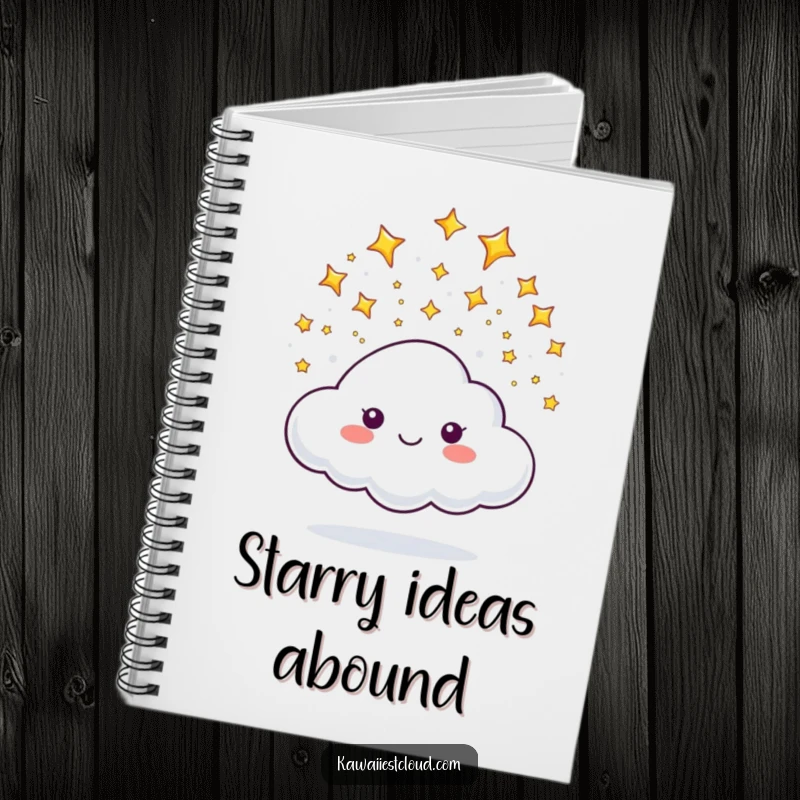 Funny notebook with a cloud character happily releasing a gentle shower of tiny, sparkling stars, perfect for journaling.