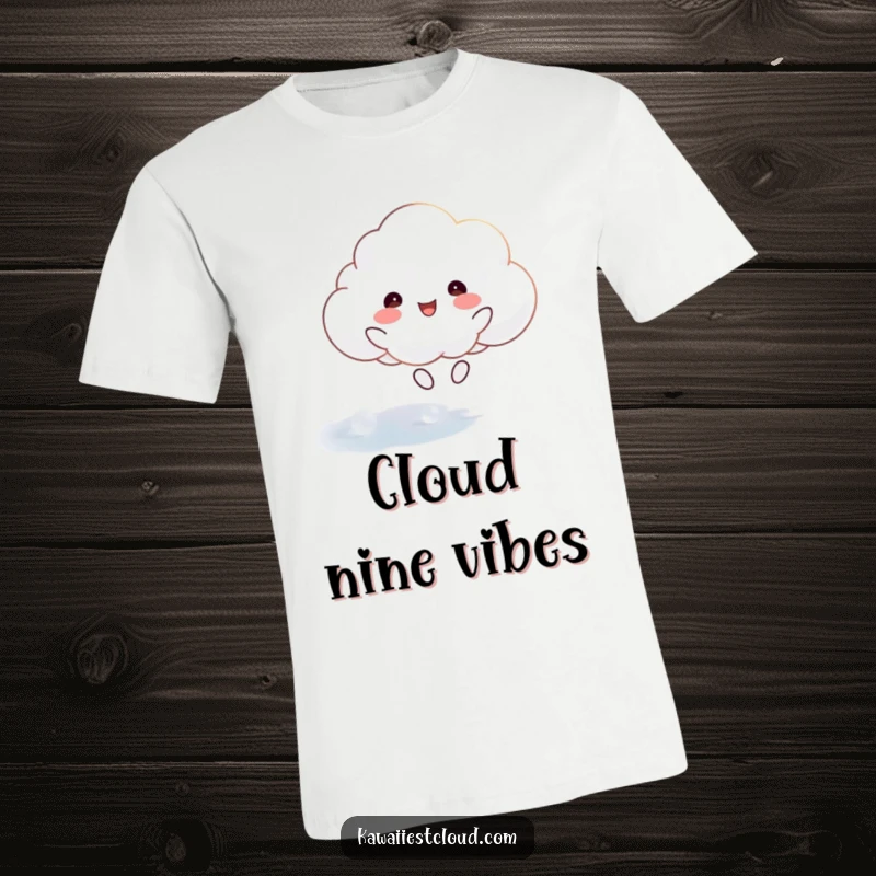 Funny t-shirt featuring a happy cloud character joyfully bouncing with glee on a shimmering, otherworldly, ethereal surface.