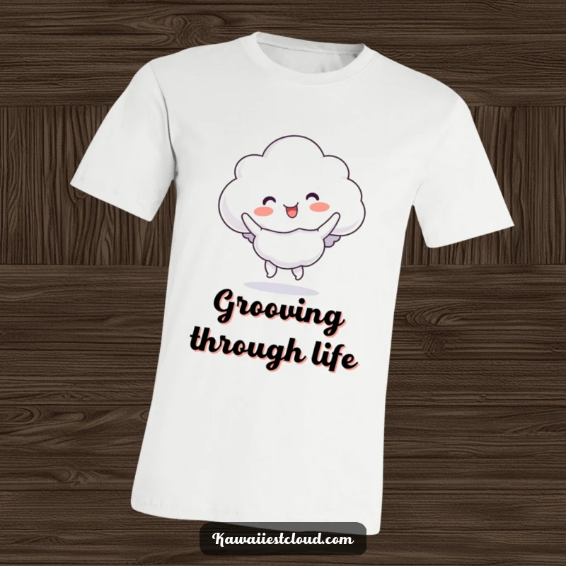 Funny cloud character t-shirt performing a silly, bouncy jig, full of energetic and contagious happiness.
