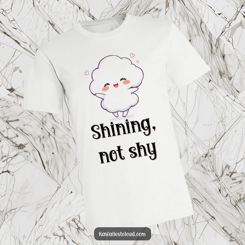 Funny delighted cloud character dancing joyfully with a shimmer on a t-shirt, full of energy.