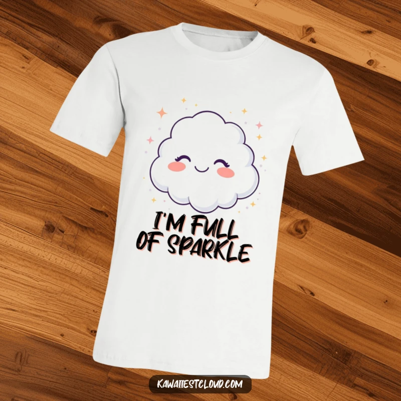 Funny t-shirt depicting a giggling cloud showering sparkling glitter, perfect for conveying pure, unadulterated fun.