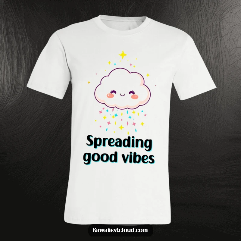 Funny joyful cloud character showering colorful, sparkly rain on a t-shirt, embodying vibrant energy.