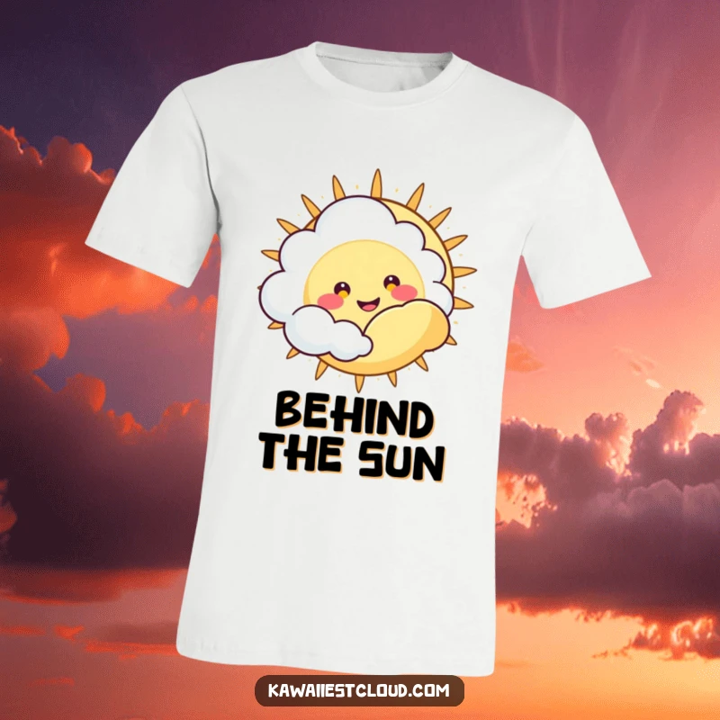Funny T-Shirt: A cute cloud character with a happy, wide grin peeking out from behind a large sun.
