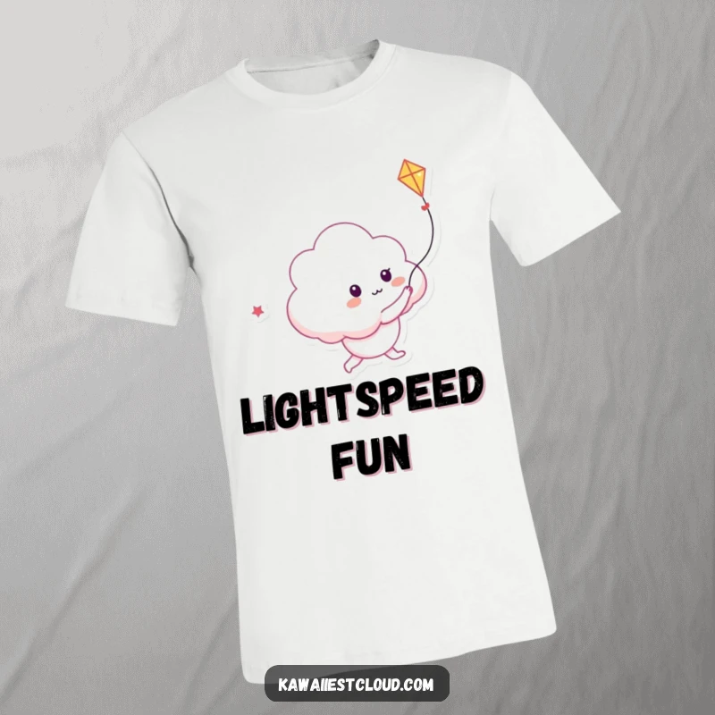 Funny t-shirt showcasing a playful cloud character running after a kite crafted from radiant light.