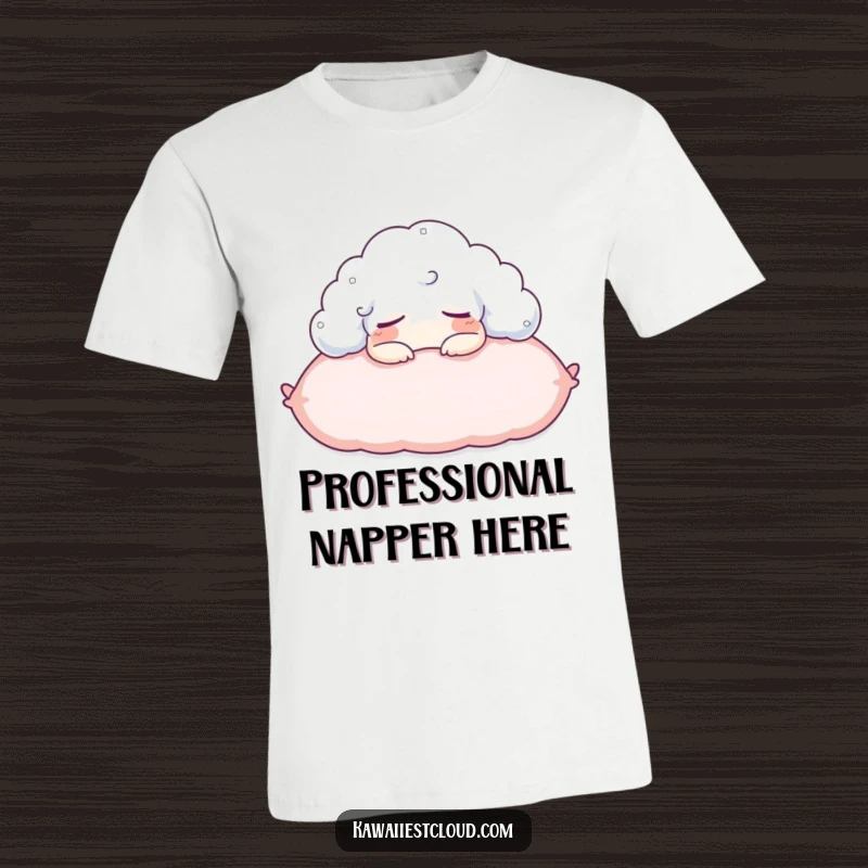 Funny t-shirt depicting a content cloud character napping soundly on a soft pillow, embodying pure sleepiness.