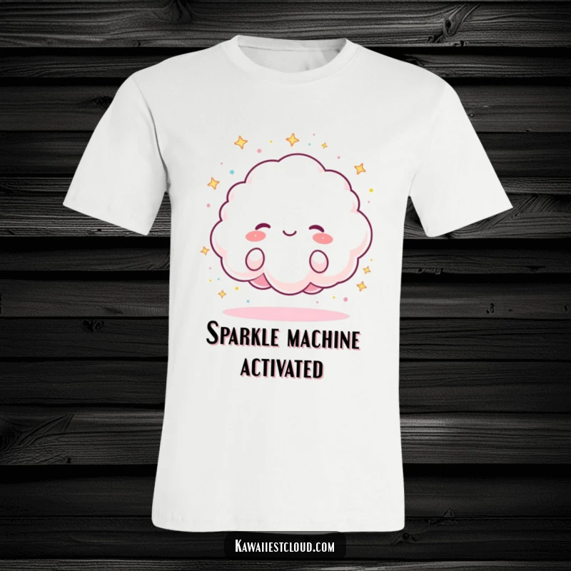 Funny T-Shirt of a fluffy cloud character joyfully raining tiny, colorful sparkles, a symbol of happiness and delight.