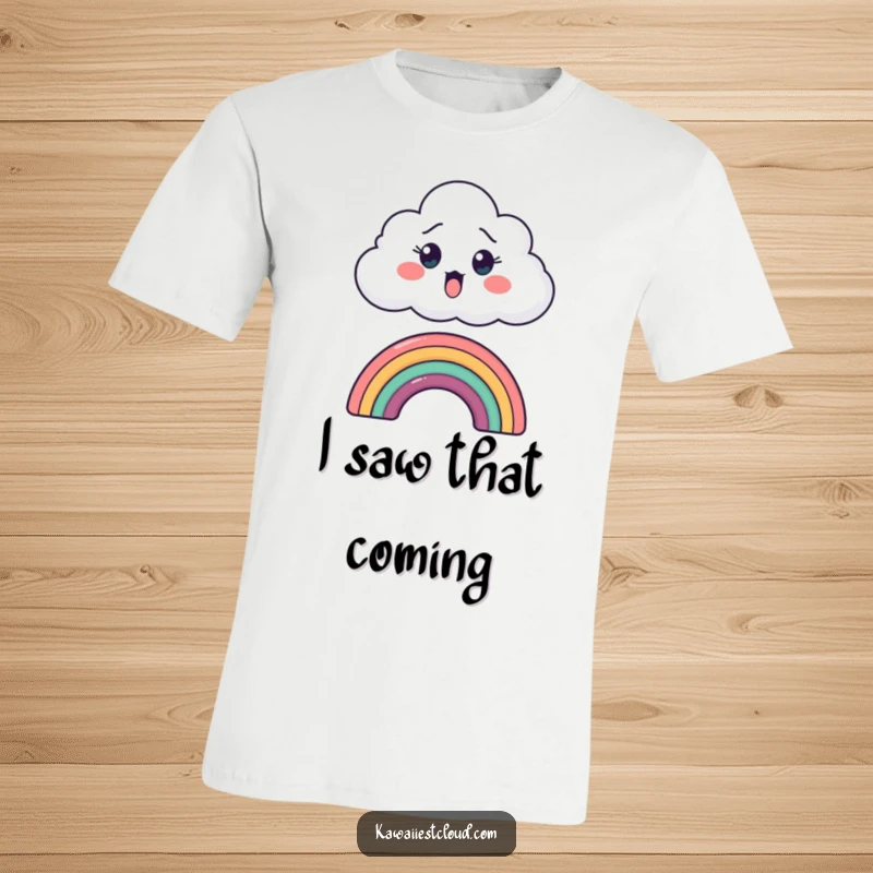 Funny t-shirt showcasing a startled cartoon cloud peeking over a tiny rainbow, conveying pure, comical surprise and joy.