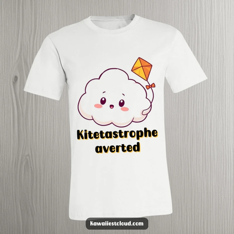 Funny t-shirt displaying a cloud character with a comically surprised expression as a small, friendly kite playfully loops and weaves right through its body.