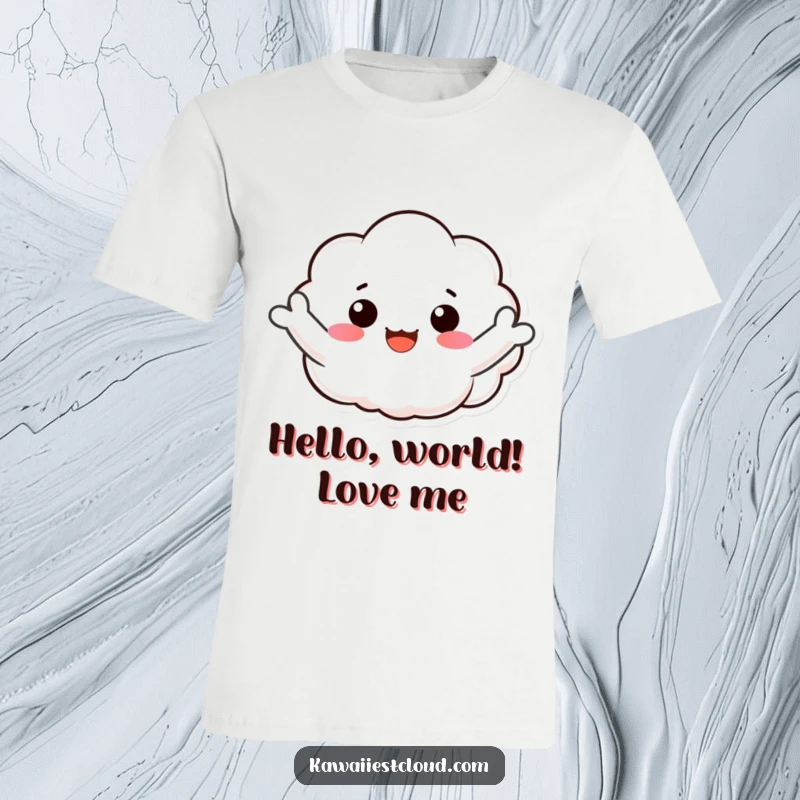 Funny t-shirt with a happy cloud character enthusiastically waving its puffy arms in a welcoming and joyful gesture.