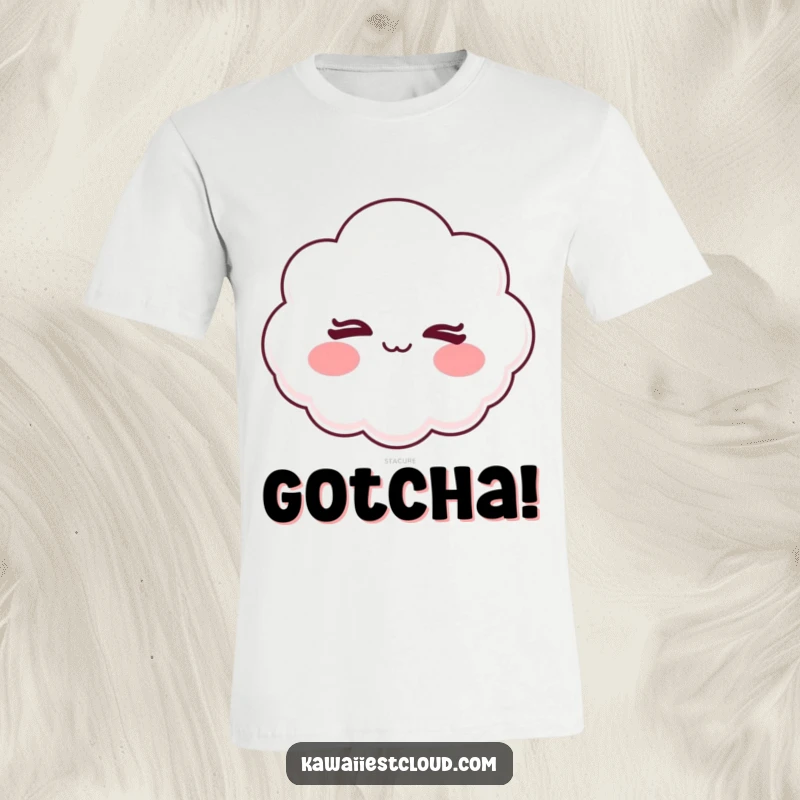 Funny t-shirt with a cartoon cloud winking cheekily, rosy cheeks adding to its mischievous and playful charm.