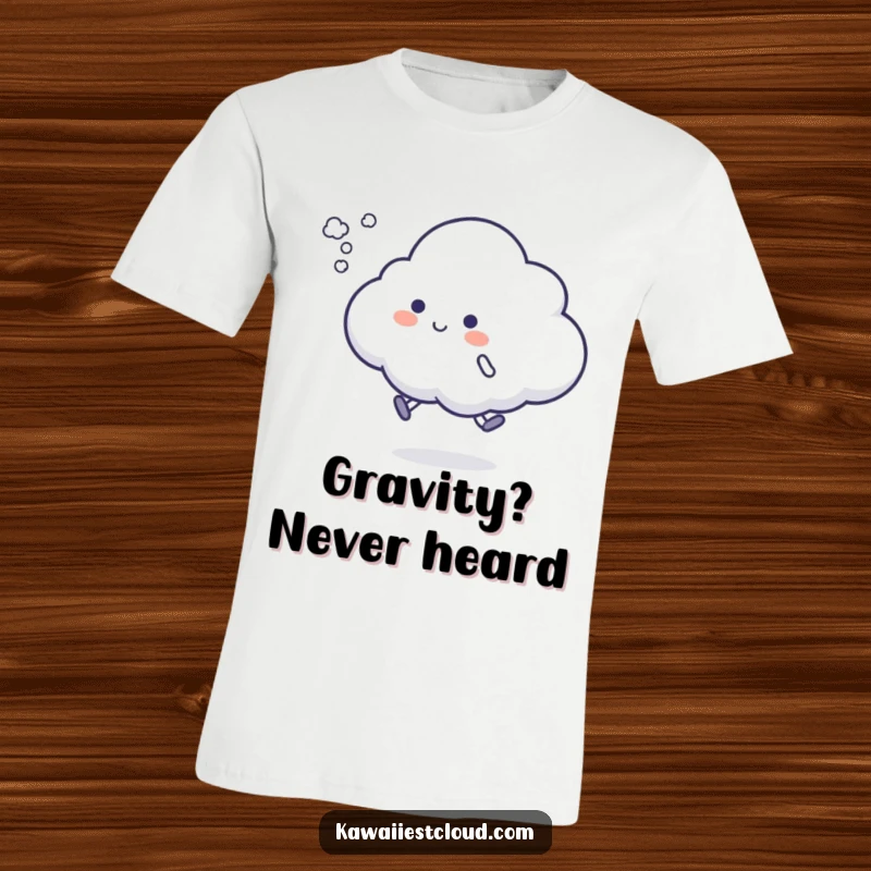 Funny cloud hop t-shirt design of a character attempting a silly hop, leaving a puff of vapor, embodying playful effort.