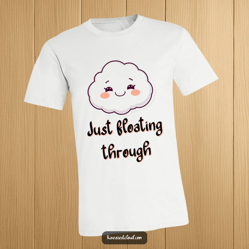 Funny t-shirt with a smiling cloud character, depicted with a wide grin, floating joyfully and radiating happiness and good cheer.