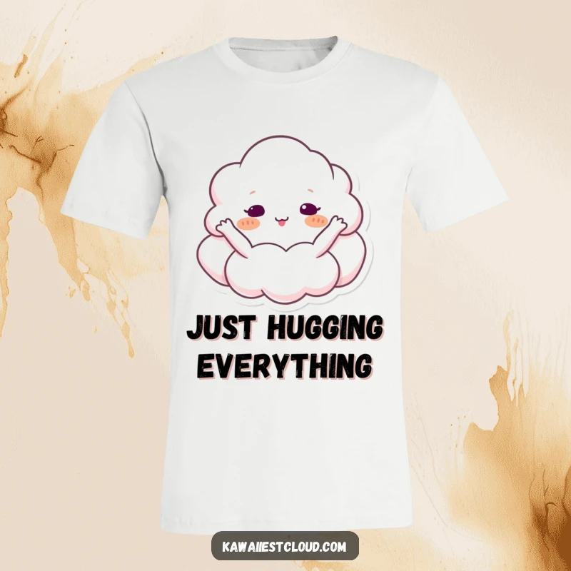 Funny cloud character t-shirt with arms outstretched, hugging the sky, a symbol of freedom and joy.