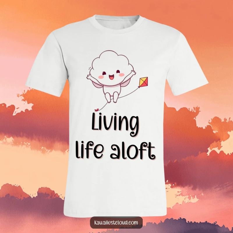 Funny t-shirt featuring a happy cloud character joyfully soaring on a tiny kite, arms outstretched in pure exhilaration.