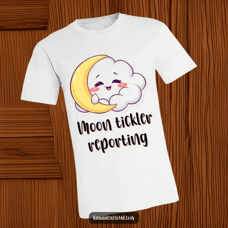 Funny T-Shirt: A cloud with a mischievous grin playfully tickling the cheek of a sleepy, serene moon.