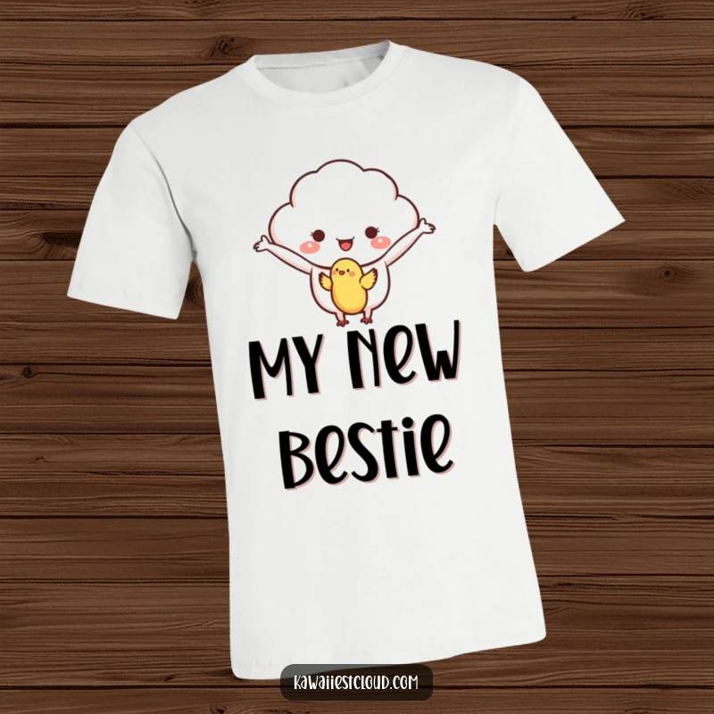 Funny t-shirt depicting a compassionate cloud character with open arms, embracing a small bird in a gentle welcome.