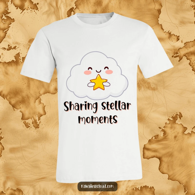 Funny T-Shirt of a smiling cloud character holding and offering a tiny, bright star, a symbol of generosity and hope.
