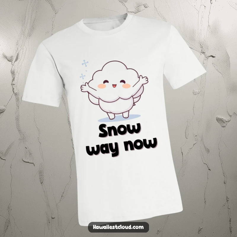Funny t-shirt depicting a cartoon cloud with arms outstretched, joyfully trying to catch a falling snowflake.