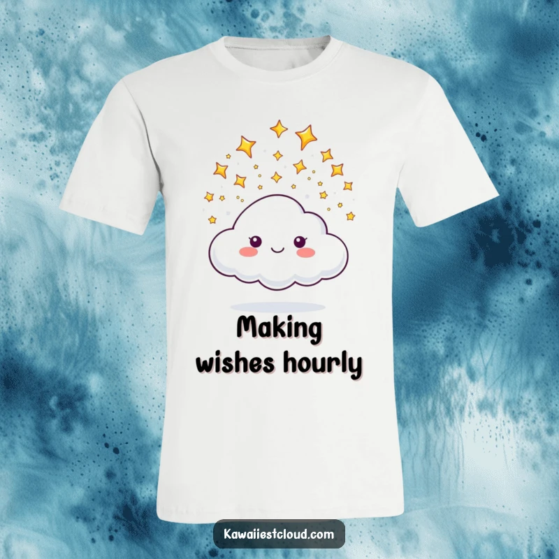 Funny t-shirt depicting a cloud character joyfully showering tiny, sparkling stars, evoking a sense of wonder and magic.