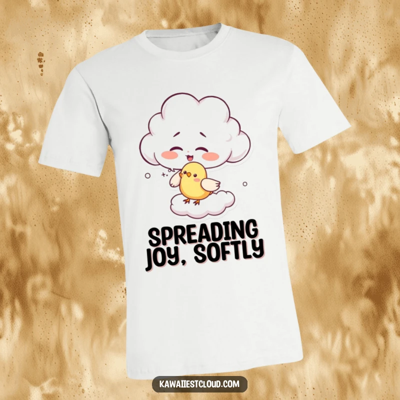 Funny giggling cloud t-shirt design of a character playfully tickling a tiny bird with cloud wisps, showing pure mirth and fun.