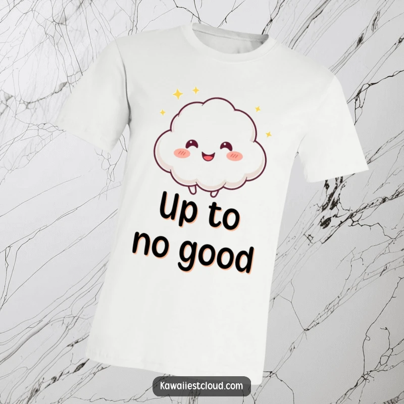 Funny t-shirt showcasing a playful cloud character with a mischievous twinkle, bouncing happily and radiating infectious energy.