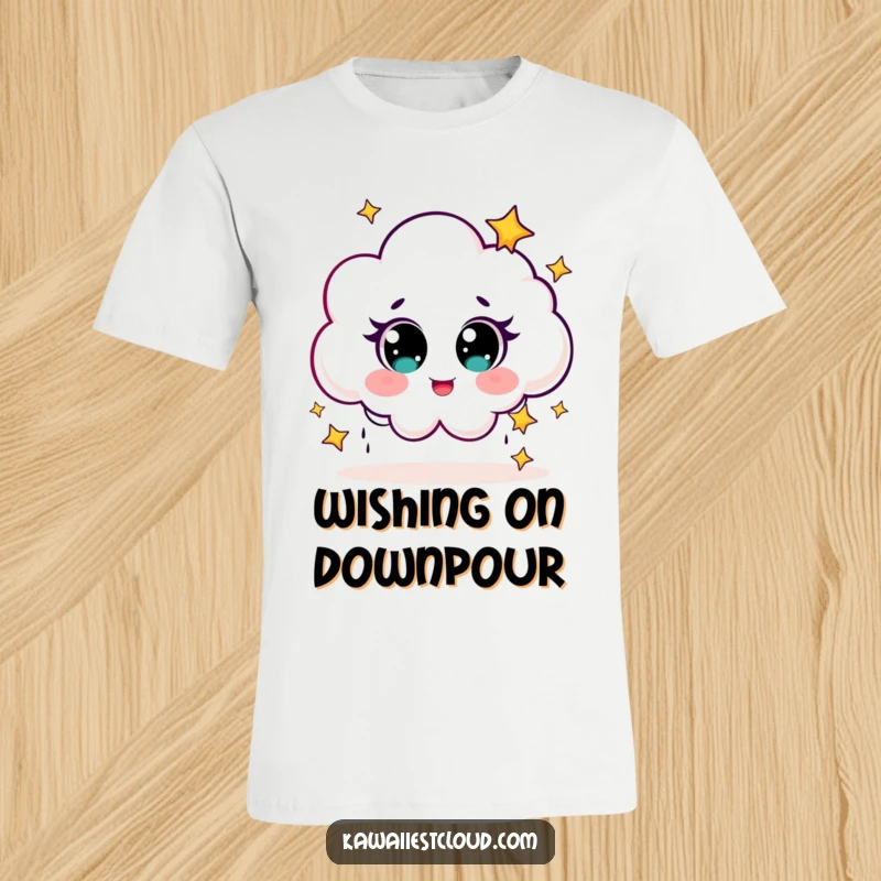 Funny T-Shirt depicting a cute cloud character with wide eyes, giggling while showering the world with tiny stars.