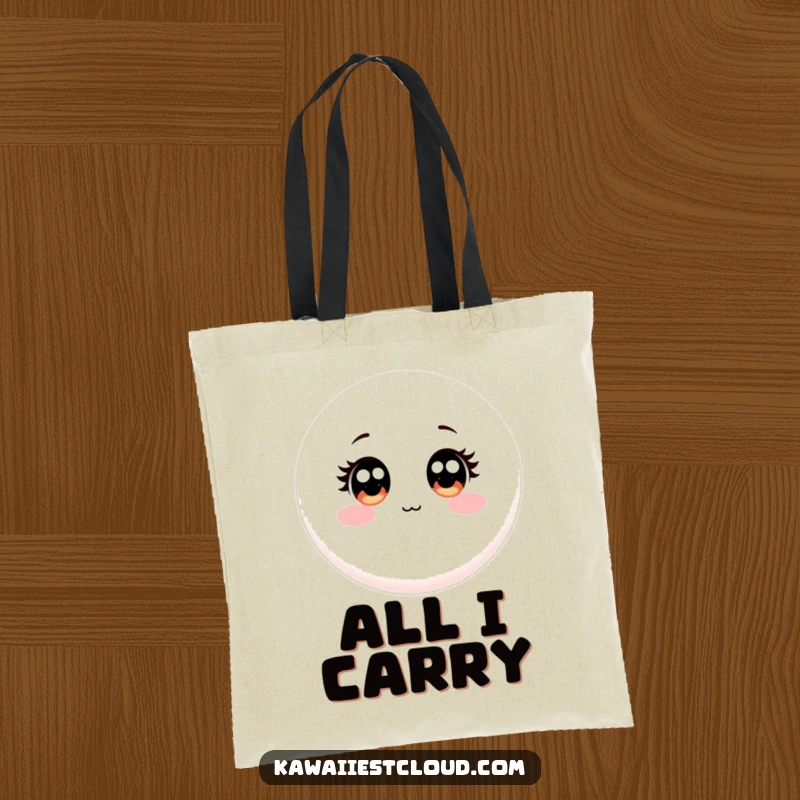 Funny Tote Bag: A smooth, round object with large, innocent eyes, designed to carry your essentials with a sweet expression.