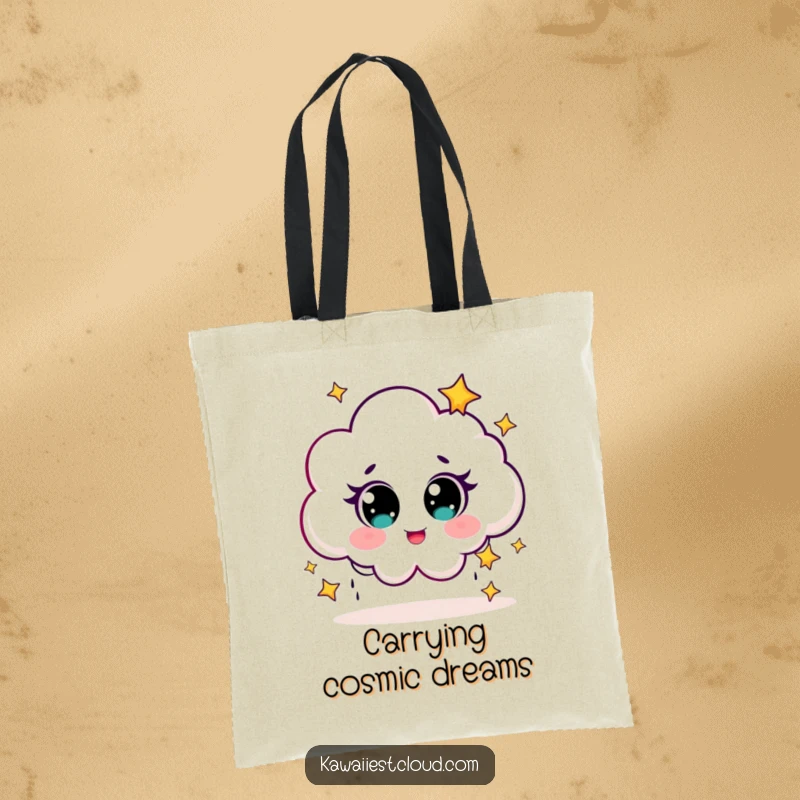 Funny Tote Bag showcasing a cute cloud character with big eyes, giggling while raining tiny, shimmering stars.