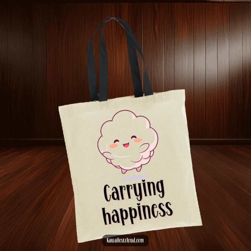 Funny tote bag with a fluffy cloud character joyfully bouncing with rosy cheeks, perfect for carrying items with a cheerful, cute vibe.
