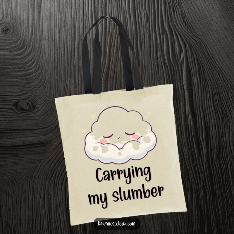 Funny Tote Bag: A soft, emitting glow from a peacefully drifting sleepy cloud character, symbolizing calm and gentle humor.