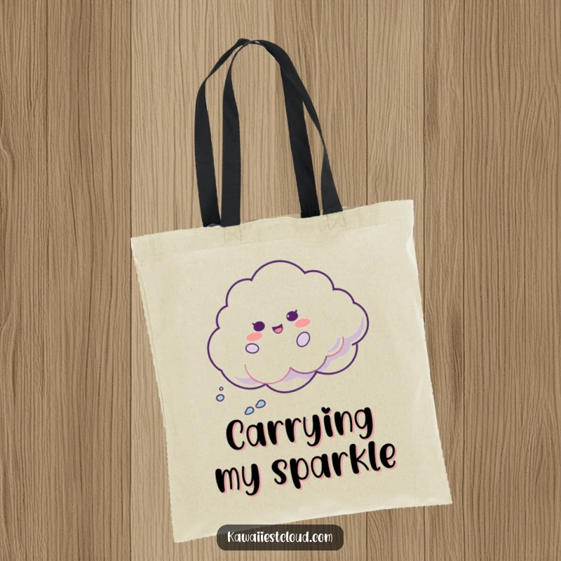 Funny Shimmer Cloud Tote Bag: A whimsical cloud character spins energetically, leaving a trail of iridescent shimmer. A practical funny bag.