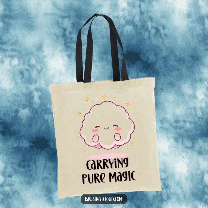 Funny Tote Bag featuring a fluffy cloud character joyfully raining tiny, colorful sparkles, stylish and cheerful for everyday use.