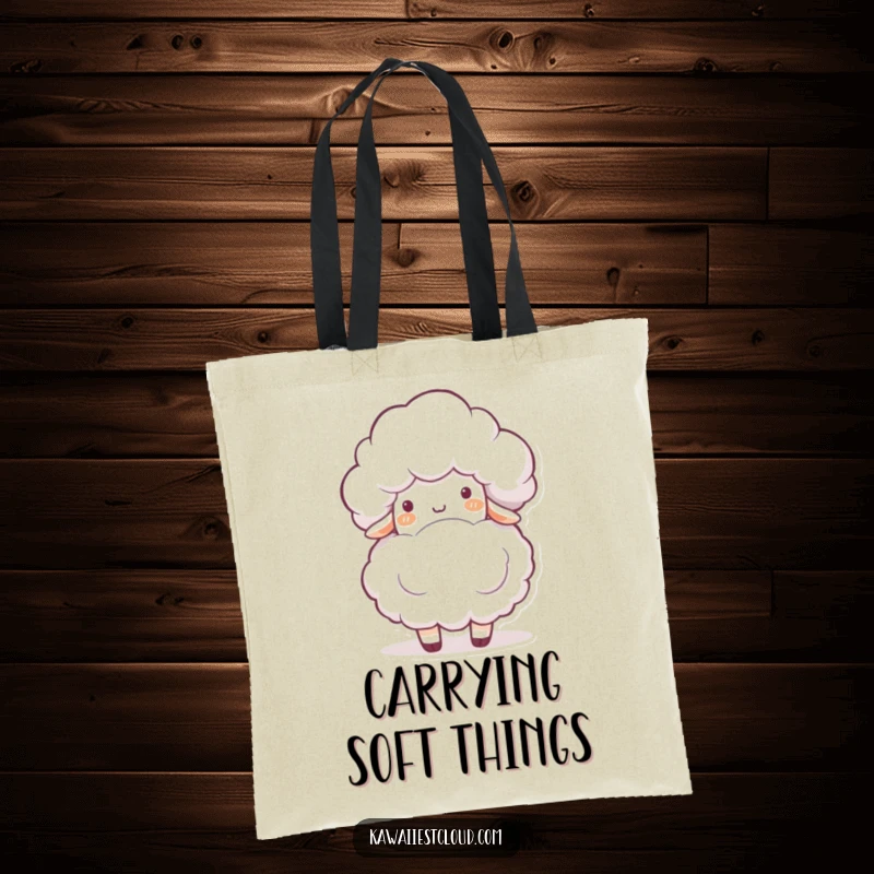 Funny tote bag illustrating a playful cloud character gently bumping into a fluffy white sheep, a heartwarming and humorous scene.