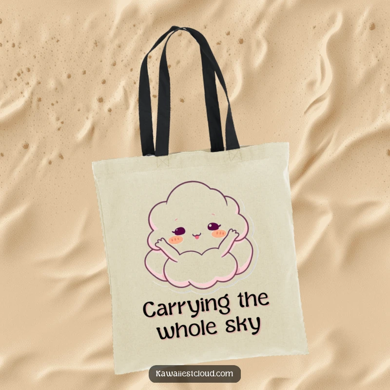 Funny cloud tote bag with a character embracing the sky, perfect for groceries or daily essentials.