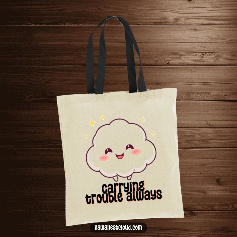 Funny tote bag featuring a playful cloud character with a mischievous twinkle, bouncing happily, perfect for carrying daily items with fun.
