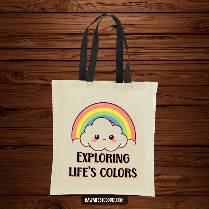 Funny curious cloud tote bag with a character peeking from behind a bright rainbow, symbolizing exploration and playful curiosity.