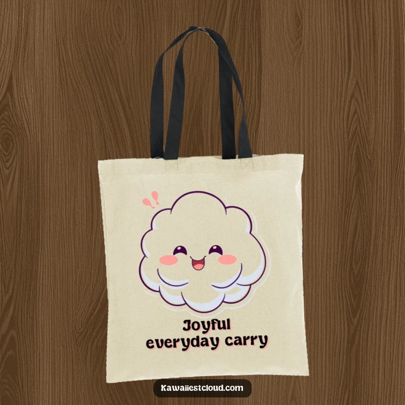 Funny tote bag featuring a cheerful cloud character letting out a happy sigh, ideal for shoppers who love a touch of pure joy.