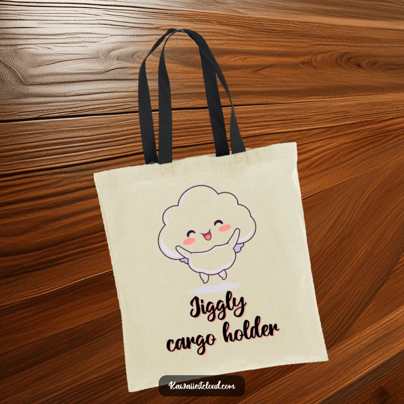 Funny cloud tote bag illustration of a character doing a silly, bouncy jig, great for everyday use.