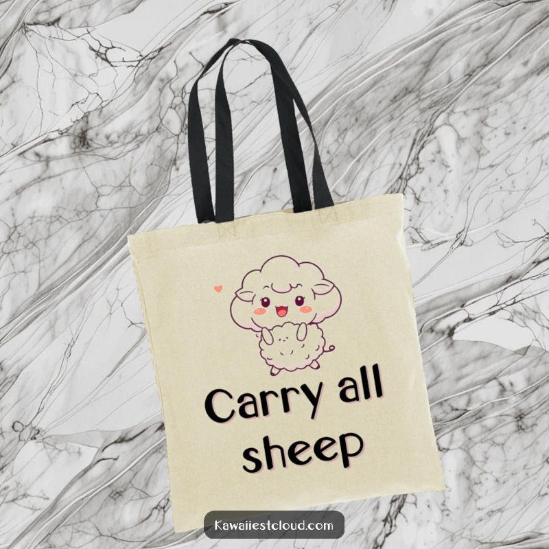 Funny tote bag featuring a cloud character joyfully bouncing a fluffy sheep, great for carrying daily essentials with a smile.