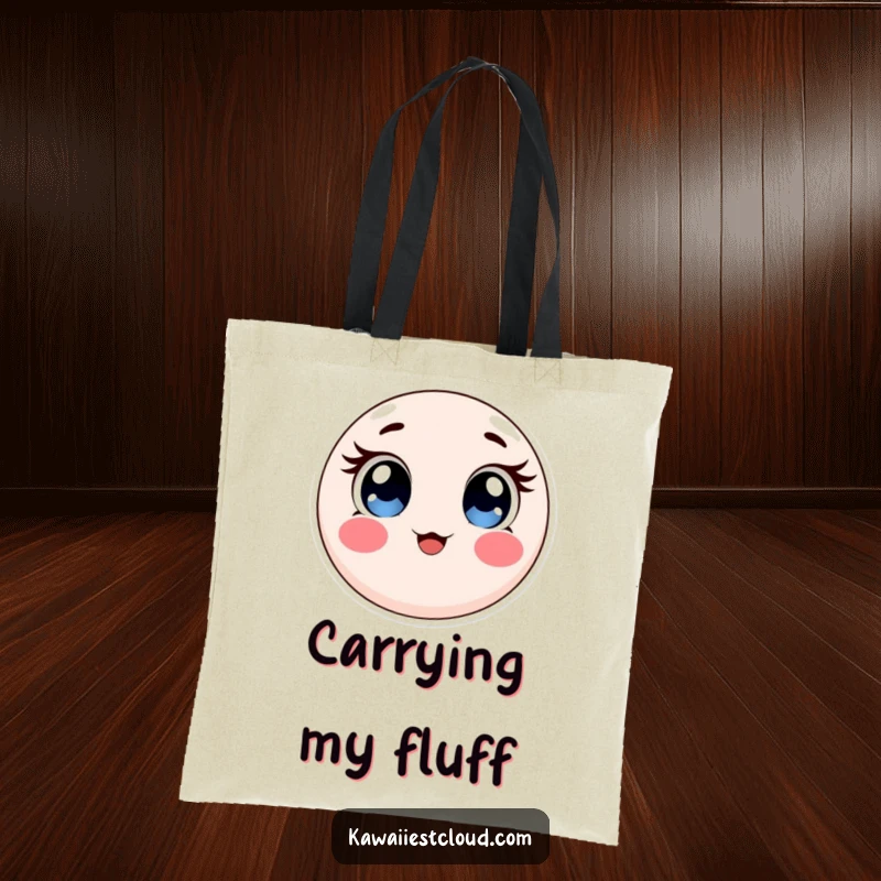 Funny tote bag featuring a round, soft object with large, expressive eyes and rosy cheeks, perfect for carrying daily essentials with charm.